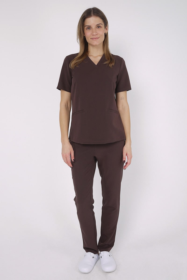 Women's loose medical sweatshirt BL 63, chocolate, short sleeve, scrubs Elegant Stretch