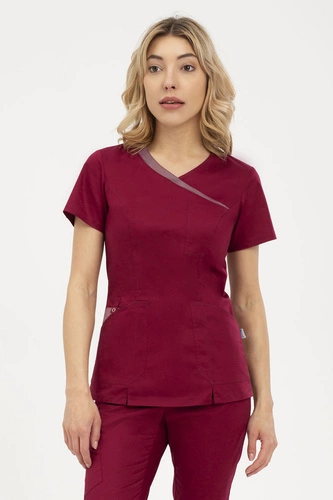 Women's medical blouse BL 50, burgundy with contrasting details, short sleeve, Comfort Stretch