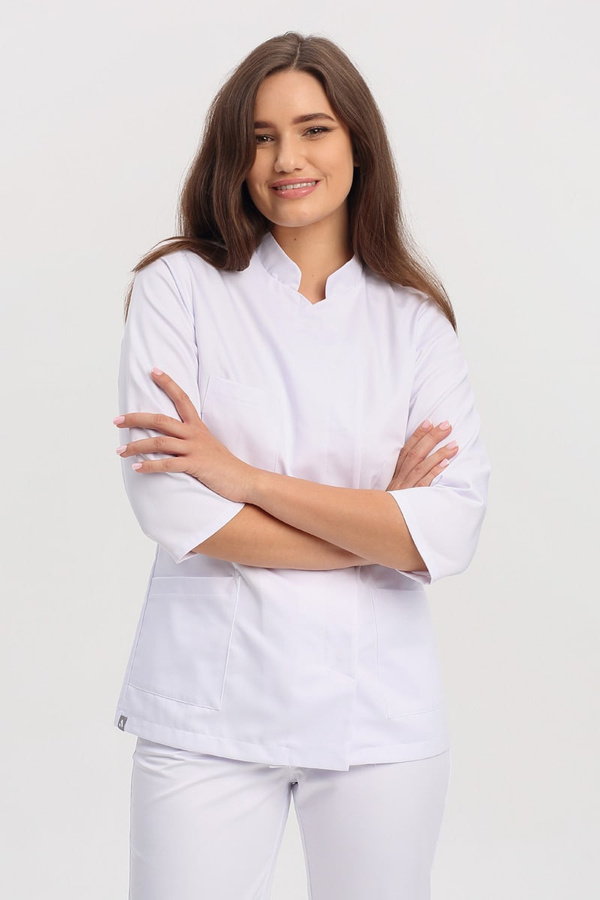Women's medical jacket with stand-up collar ZA 19, white, 3/4 sleeve, Premium