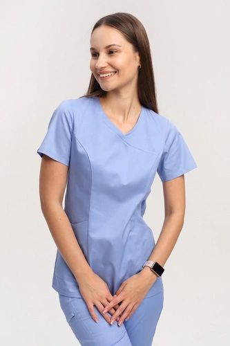 Women's medical scrub top BL 60, blue, short sleeve, Comfort Stretch