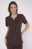 Women's medical jacket with universal neckline ZA 08, chocolate, short sleeve, Elegant Stretch