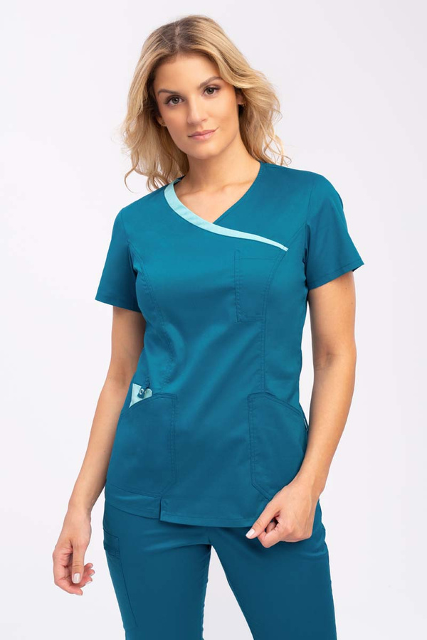 Women's medical blouse BL 50, dark turquoise with contrasting details, short sleeve, Comfort Stretch