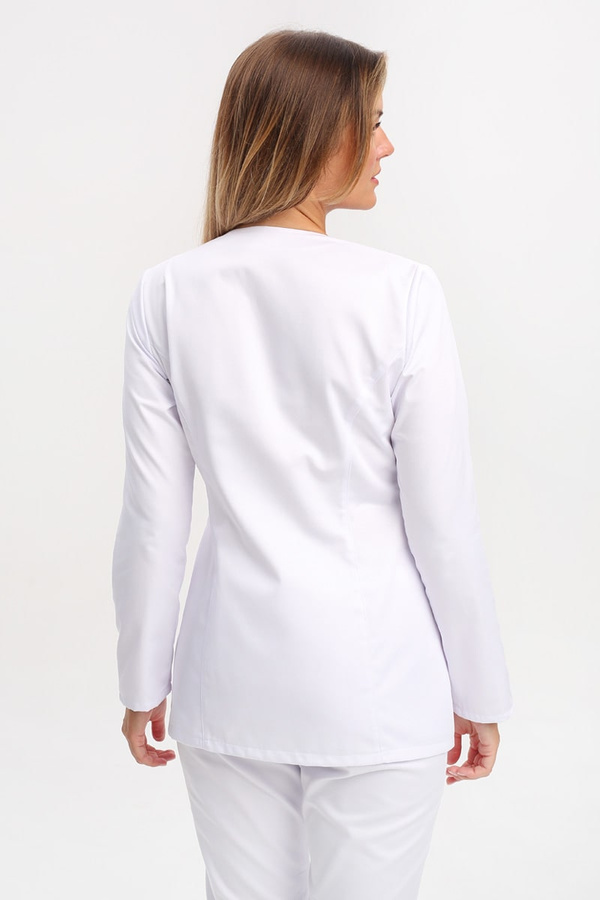 Żakiet medyczny damski biały z uniwersalnym dekoltem ZA 08, długi rękaw, Premium Stretch Cotton