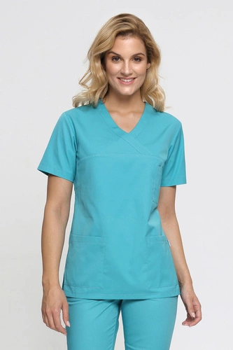 Bluza medyczna damska chirurgiczna turkusowa BL 55, krótki rękaw, Premium Stretch
