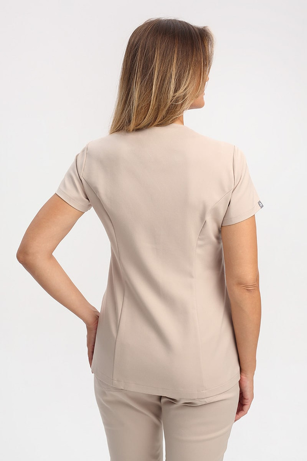 Żakiet medyczny damski z dekoltem V ZA 10.2, beż piaskowy, krótki rękaw, Premium Stretch Cotton
