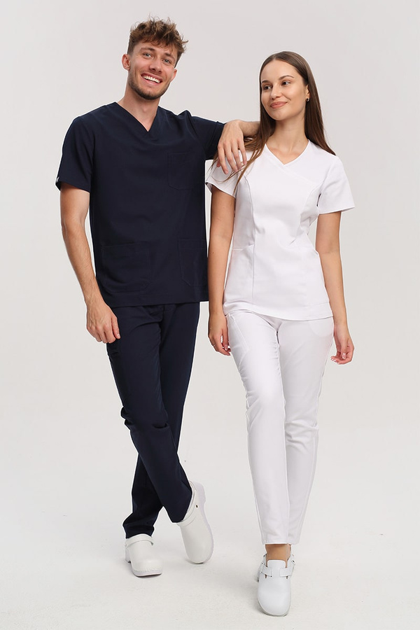 Fitted women's medical blouse BL 62, white, scrubs Premium Stretch Cotton