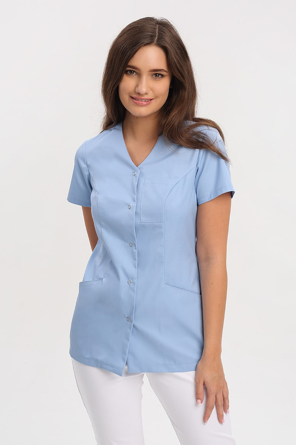 Women's medical jacket with V-neck ZA 10.2, light blue, short sleeve, Premium