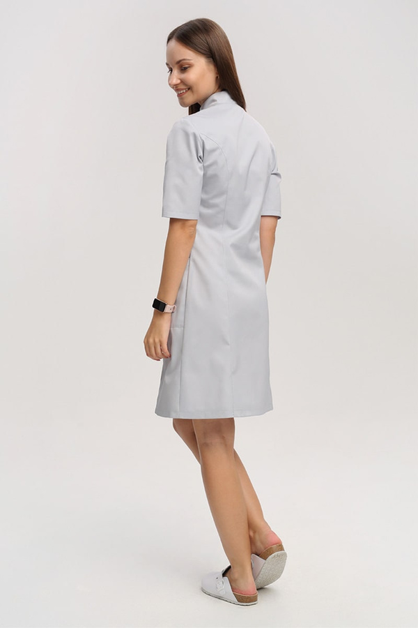 Medical dress with stand-up collar SU 16, ash grey, short sleeve, Premium