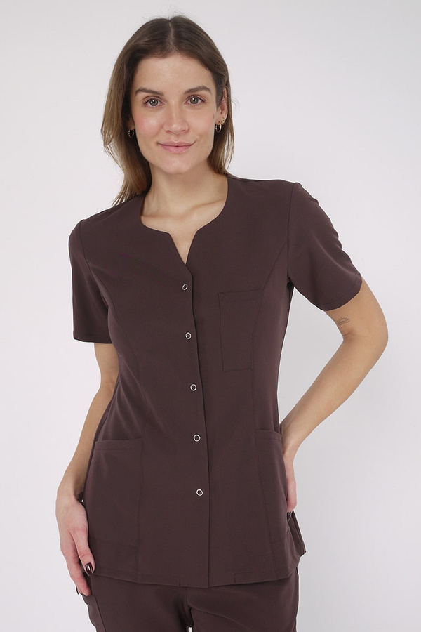 Żakiet medyczny damski czekoladowy z uniwersalnym dekoltem ZA 08, krótki rękaw, Elegant Stretch