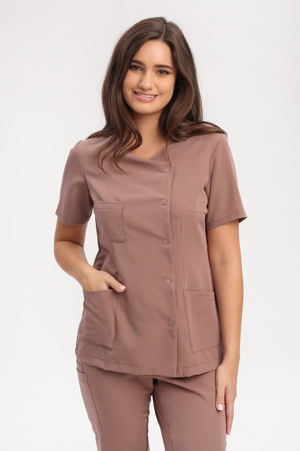 Women's medical jacket with side fastening ZA 09, mocha, short sleeve, Elegant Stretch