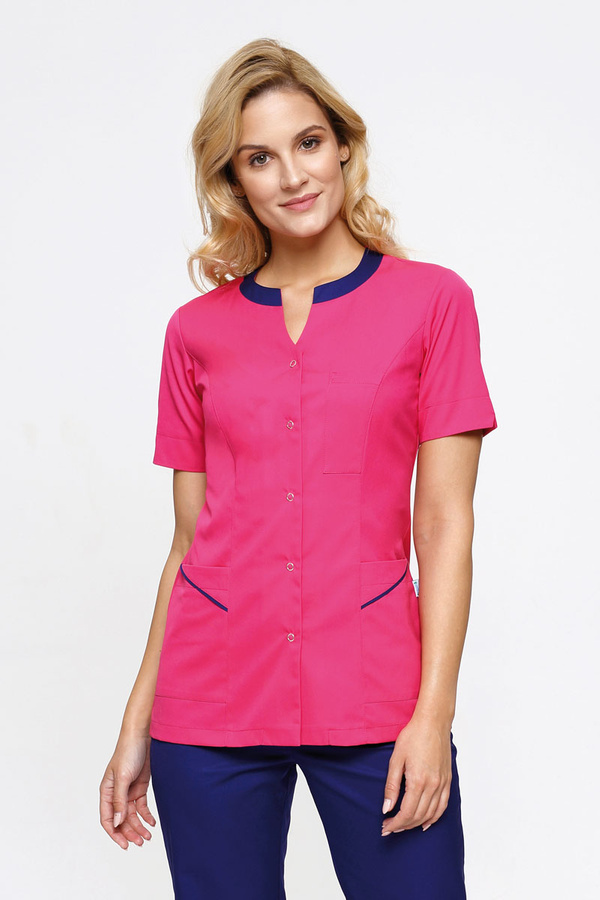 Women's medical jacket ZA 12, fuchsia with cobalt details, short sleeve, Premium