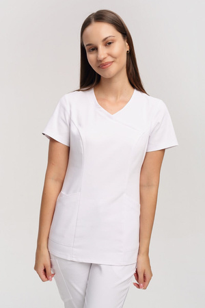 Women's medical scrub top BL 60, white, short sleeve, Comfort Stretch