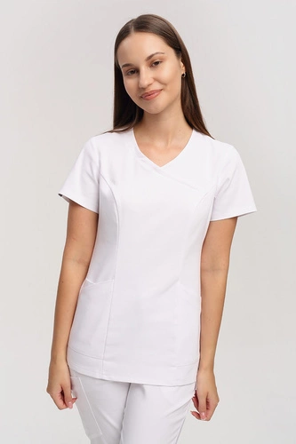 Fitted women's medical blouse BL 62, white, scrubs Premium Stretch Cotton