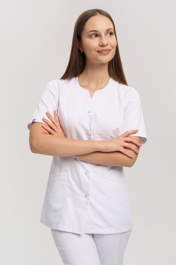 Women's medical jacket with universal neckline ZA 08, white, short sleeve, Premium Stretch Cotton