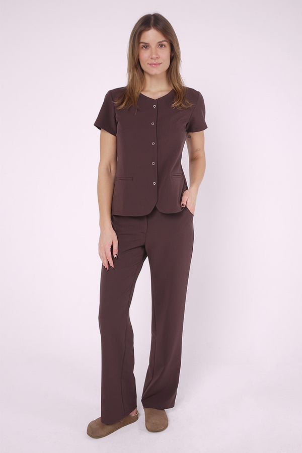 Women's medical blouse BZ 01, chocolate, short sleeve, Elegant Stretch