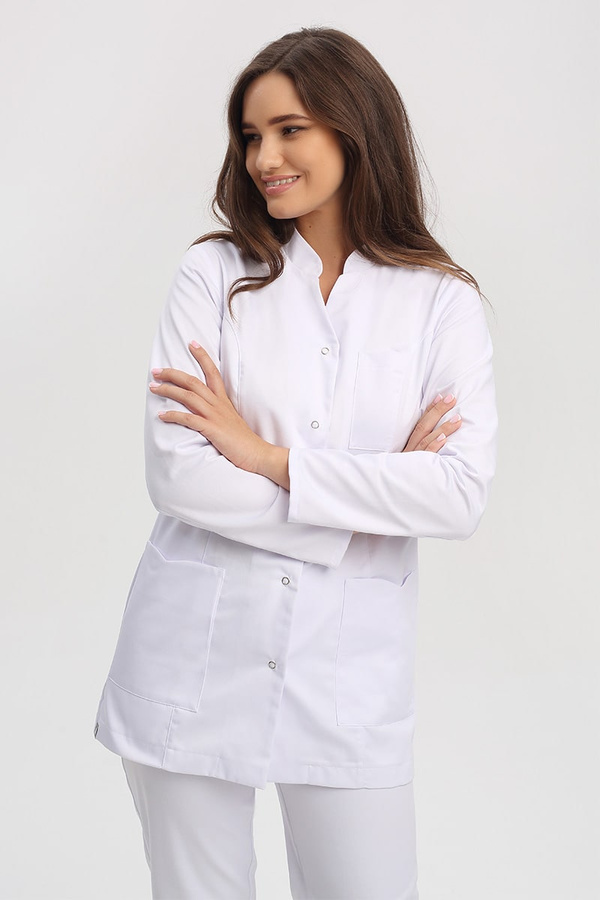 Fartuch medyczny damski biały FA 44, długi rękaw, Premium Stretch Cotton