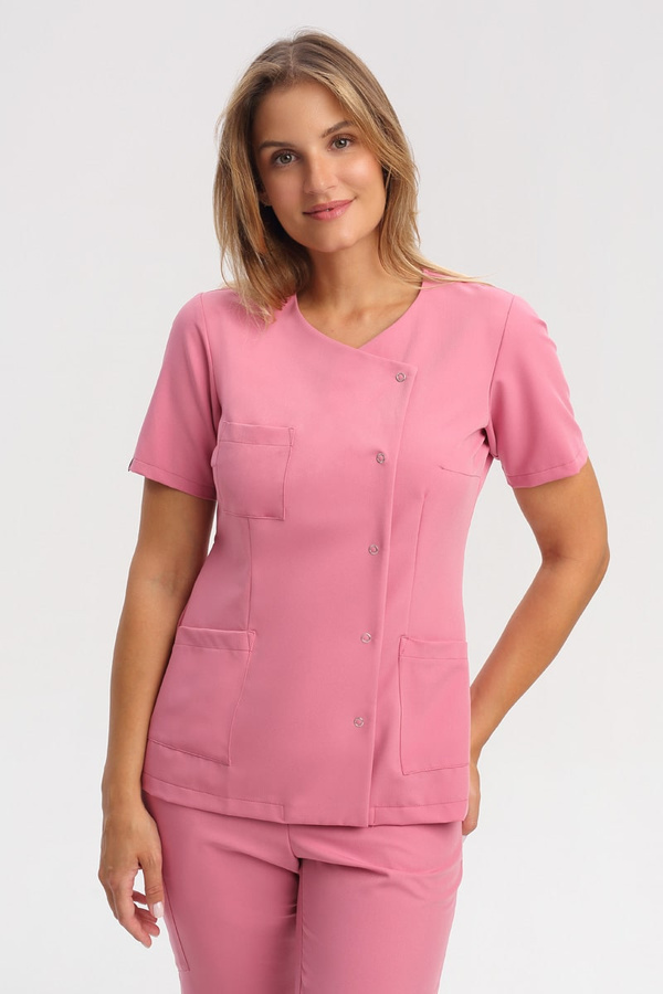 Women's medical jacket with side fastening ZA 09, coral pink, short sleeve, Elegant Stretch