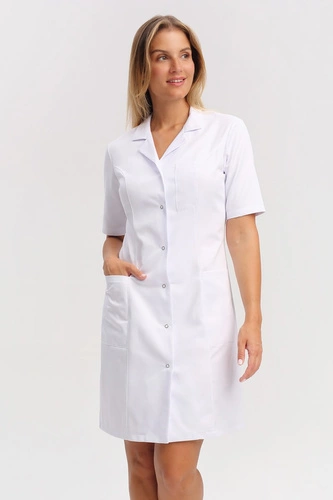 Classic collar medical dress SU 18, white, short sleeve, Premium