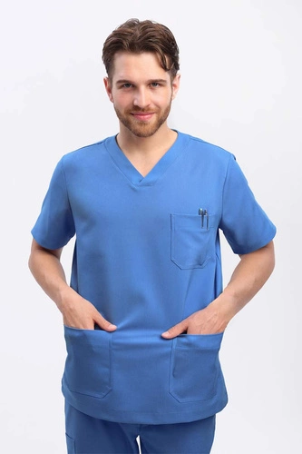 Men's Scrub Top BL 59, classic blue, short sleeve, Elegant Stretch