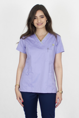 Bluza medyczna damska fioletowa z lamówkami limonkowymi BL 52, krótki rękaw, Premium