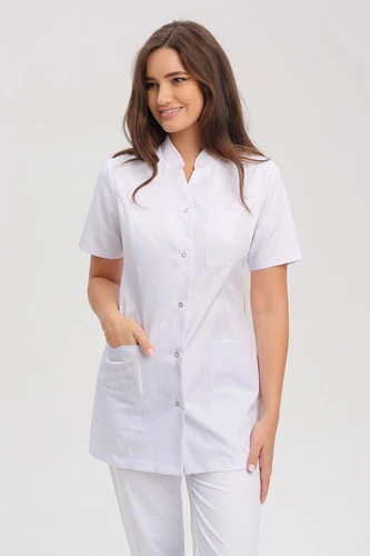 White women's medical lab coat FA 44, short sleeve, Premium Stretch Cotton