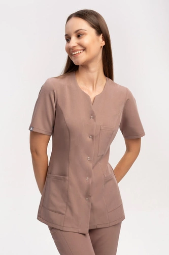 Women's medical jacket with universal neckline ZA 08, mocha, short sleeve, Elegant Stretch