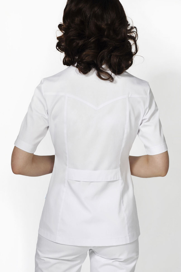 Women's medical jacket with stand-up collar ZA 03, white, short sleeve, Premium