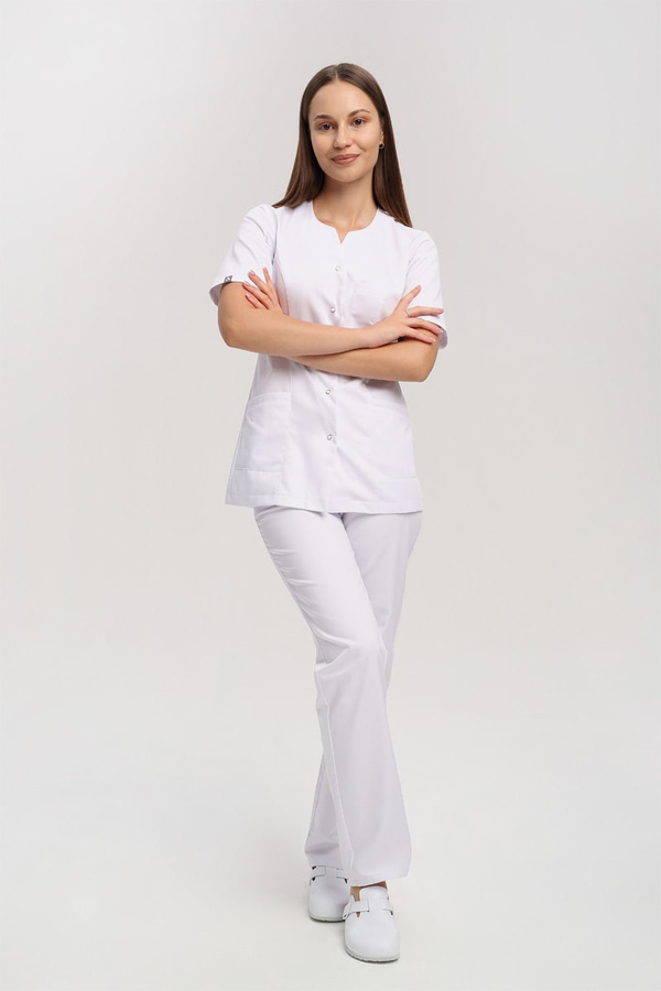 Women's medical jacket with universal neckline ZA 08, white, short sleeve, Premium Stretch Cotton