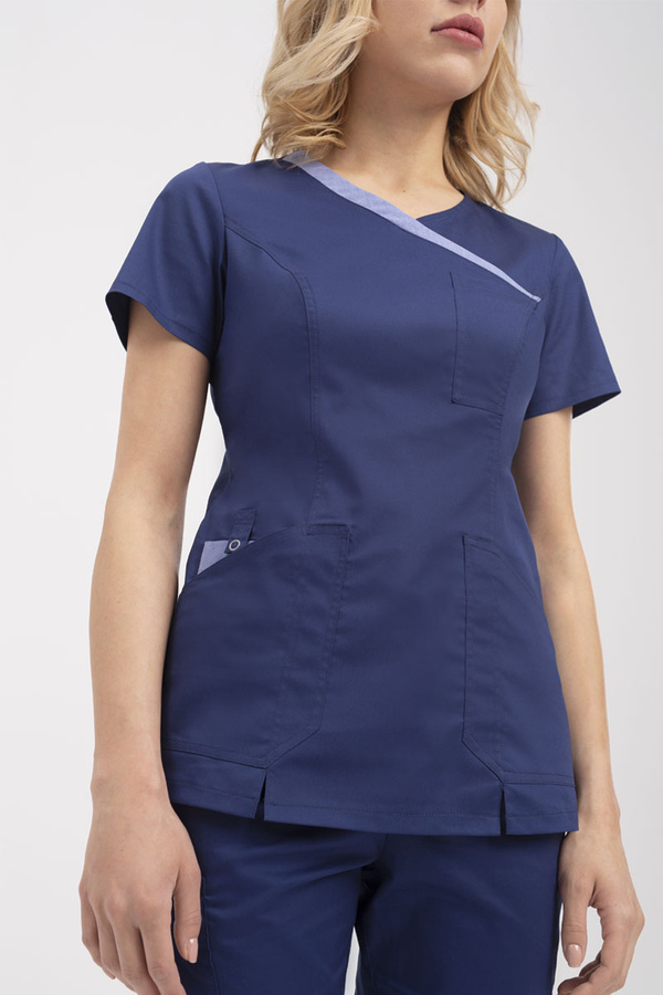 Bluza medyczna damska jasnogranatowa BL 50 z kontrastowymi dodatkami, krótki rękaw, Comfort Stretch