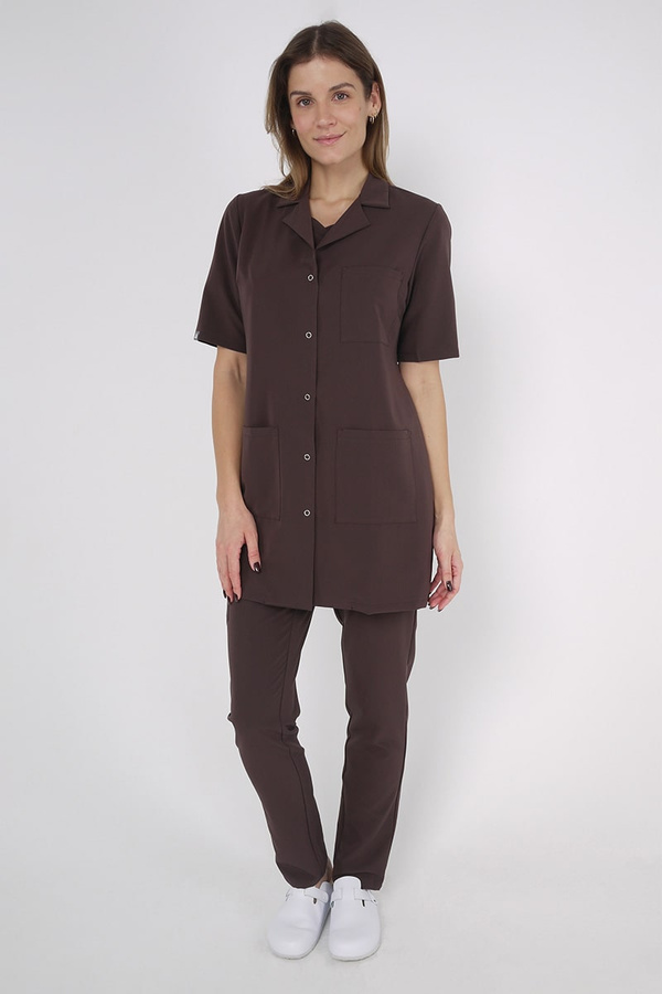 Fartuch medyczny damski czekoladowy FA 41.0, krótki rękaw, Elegant Stretch