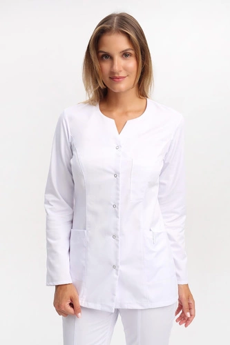 Żakiet medyczny damski biały z uniwersalnym dekoltem ZA 08, długi rękaw, Premium Stretch Cotton