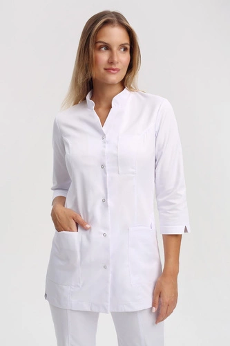 Fartuch medyczny damski biały FA 44, rękaw 3/4, Premium Stretch Cotton