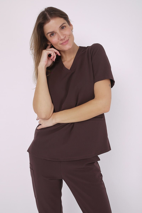 Women's loose medical sweatshirt BL 63, chocolate, short sleeve, scrubs Elegant Stretch