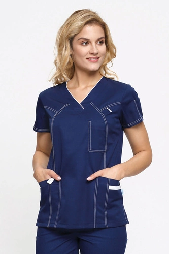 Bluza medyczna damska granatowa z lamówkami białymi BL 52, krótki rękaw, Premium Stretch