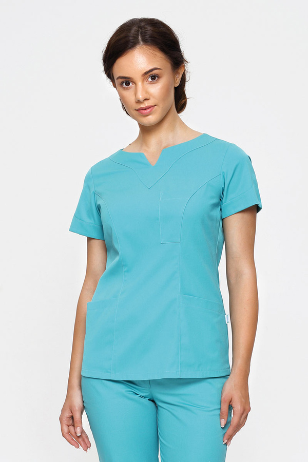 Bluza medyczna damska turkusowa BL 53, krótki rękaw, Premium Stretch