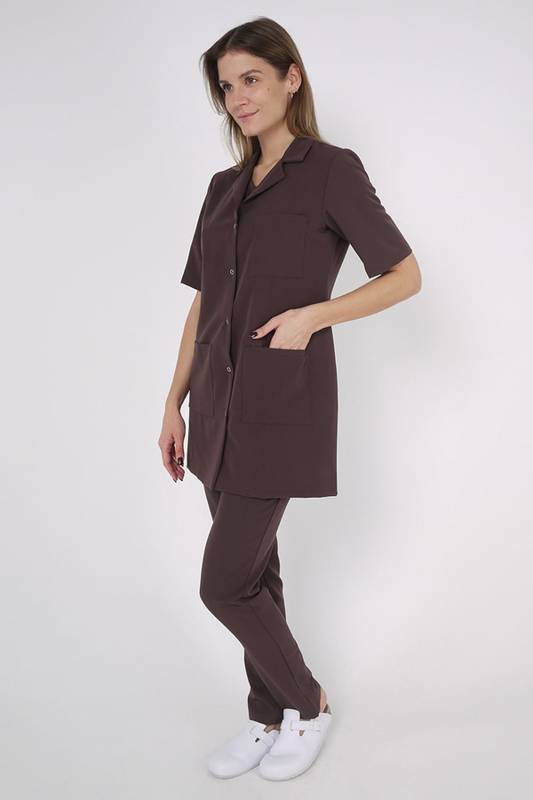 Women's medical lab coat FA 41.0, chocolate, short sleeve, Elegant Stretch
