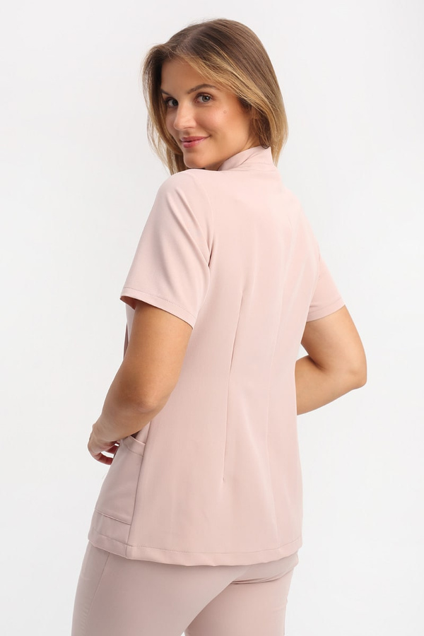 Women's medical jacket with stand-up collar ZA 19, beige nude, short sleeve, Elegant Stretch