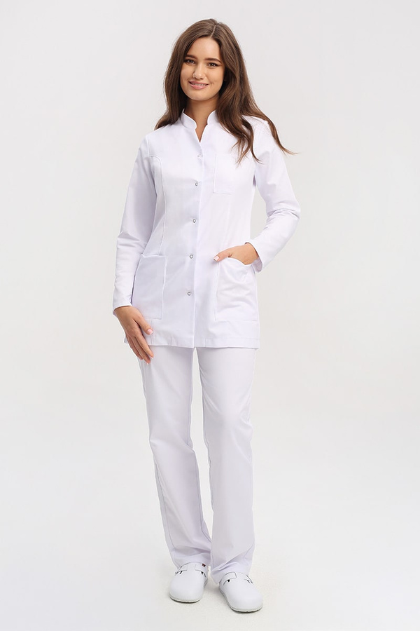 Fartuch medyczny damski biały FA 44, długi rękaw, Premium Stretch Cotton