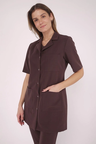 Fartuch medyczny damski czekoladowy FA 41.0, krótki rękaw, Elegant Stretch