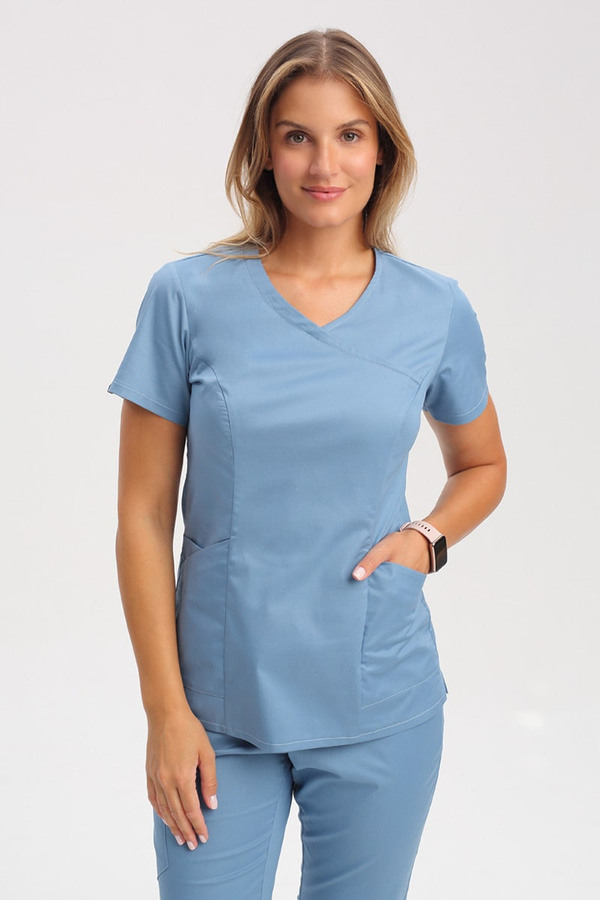 Women's medical scrub top BL 60, denim, short sleeve, Comfort Stretch