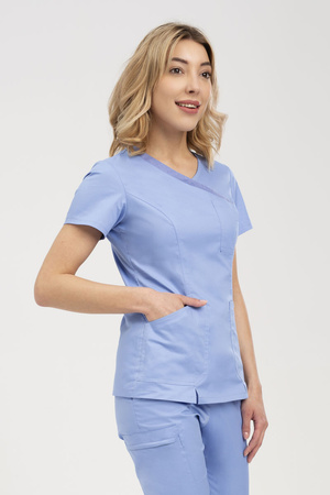 Bluza medyczna damska niebieska BL 50 z kontrastowymi dodatkami, krótki rękaw, Comfort Stretch