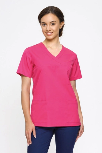 Bluza medyczna damska chirurgiczna w kolorze fuksja BL 55, krótki rękaw, Premium Stretch