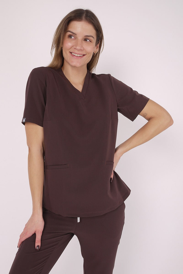 Women's loose medical sweatshirt BL 63, chocolate, short sleeve, scrubs Elegant Stretch