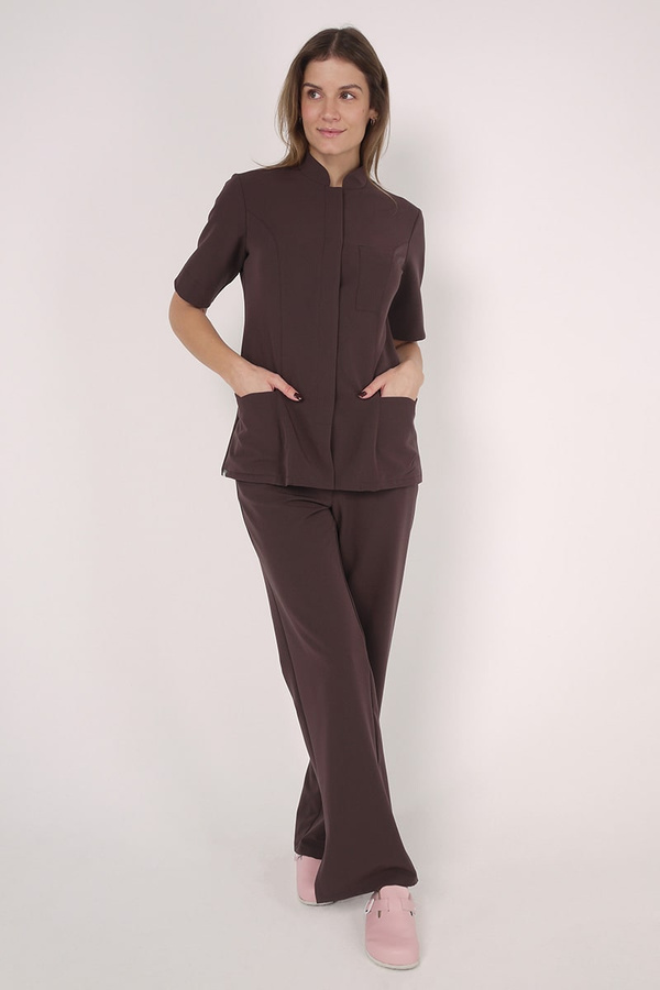 Żakiet medyczny damski czekoladowy ZA 16, mokka, krótki rękaw, Elegant Stretch