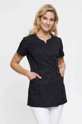 Żakiet medyczny damski czarny wiązany ZA 15, krótki rękaw, Elegant Stretch