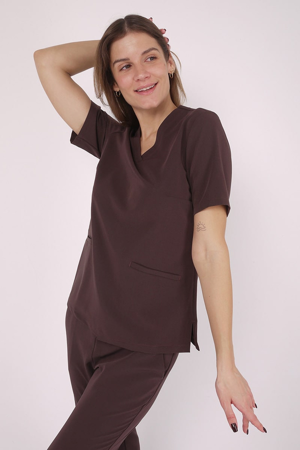 Women's loose medical sweatshirt BL 63, chocolate, short sleeve, scrubs Elegant Stretch
