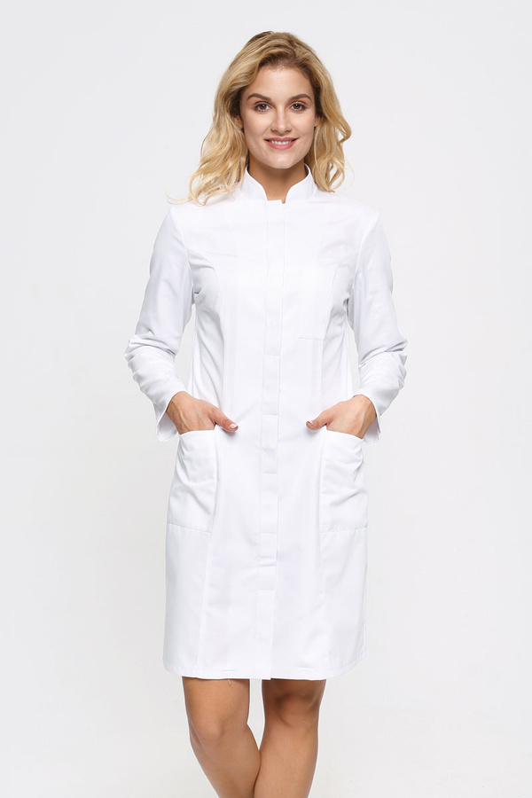 White medical dress with stand-up collar SU 16, long sleeve, Premium
