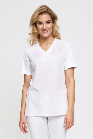 Bluza medyczna damska chirurgiczna biała BL 55, krótki rękaw, Comfort Stretch