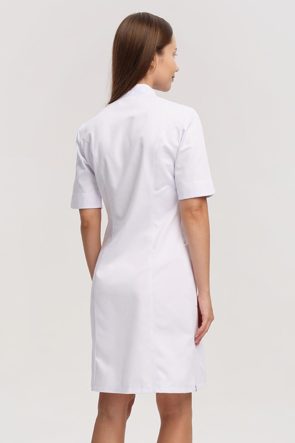 White medical dress with stand-up collar SU 16, short sleeve, Premium