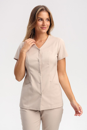 Żakiet medyczny damski z dekoltem V ZA 10.2, beż piaskowy, krótki rękaw, Premium Stretch Cotton